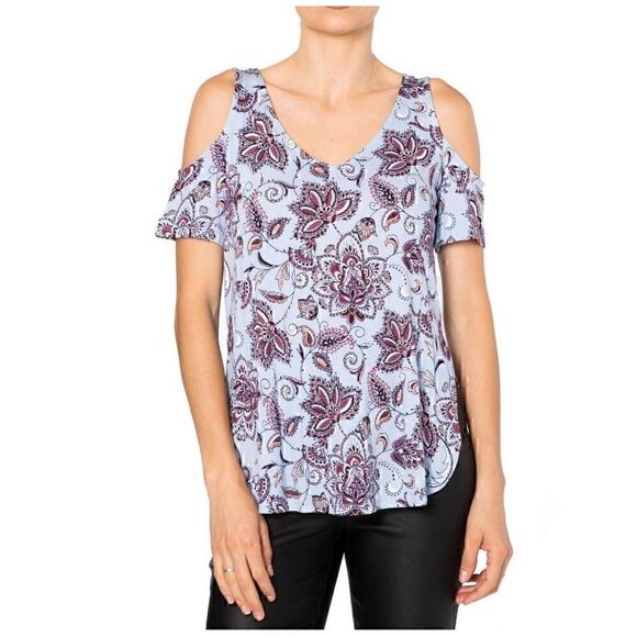 Love Fire Womens Cold Shoulder Top Size L Multicolor Floral V-Neck Short Sleeve - Picture 1 of 7